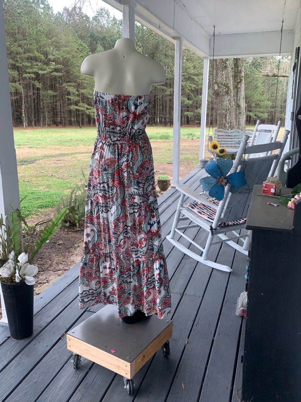 bebe Strapless Maxi Dress in Red, Blue & White Paisley - Picture 3 of 4